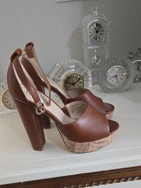 Nicole Miller Brown Cork-Platform Peep-Toe Sandals with Ankle Strap